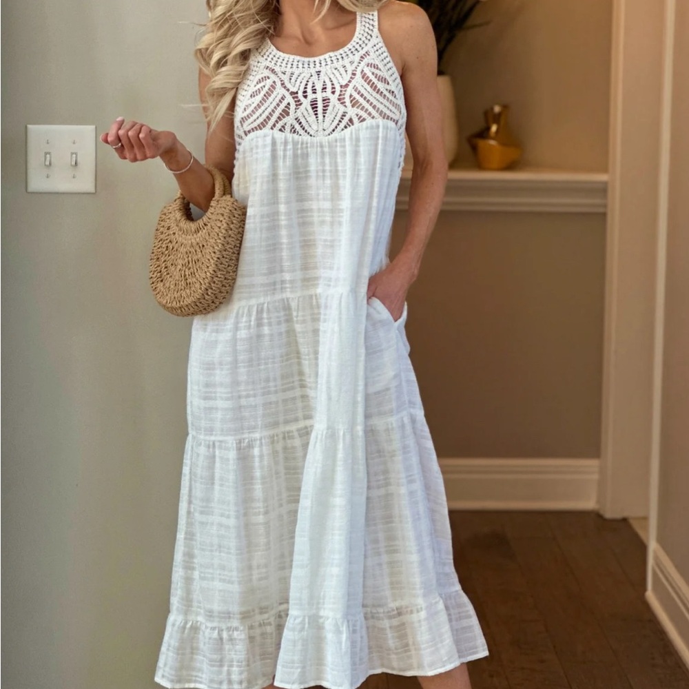 Fate White Tiered Maxi Sundress with Flutter Sleeves